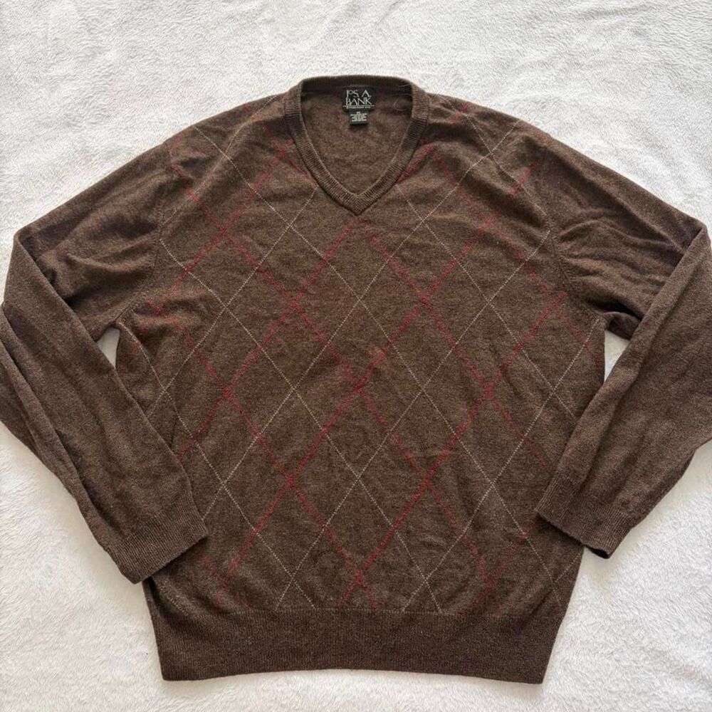 Jos. A. Bank Lambs Wool Argyle Sweater Men's XL Corporate Workwear Preppy Brown